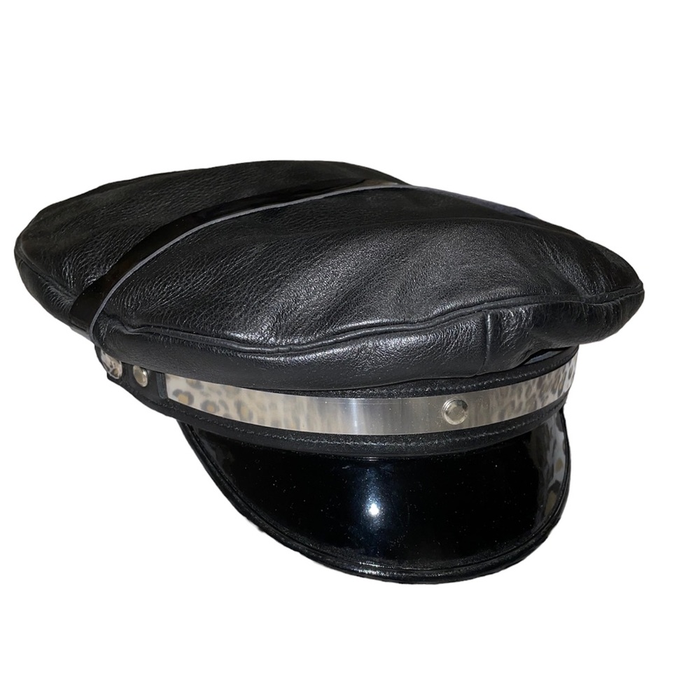 Peaked Leather Officers Cap with Metal Band.